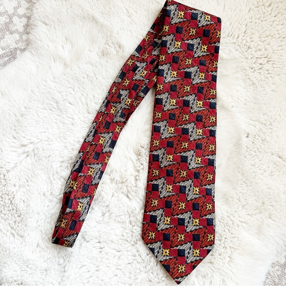 Vintage Ermenegildo Zegna‎ Necktie Mens Red Blue Shirt Tie Geometric Silk Italy